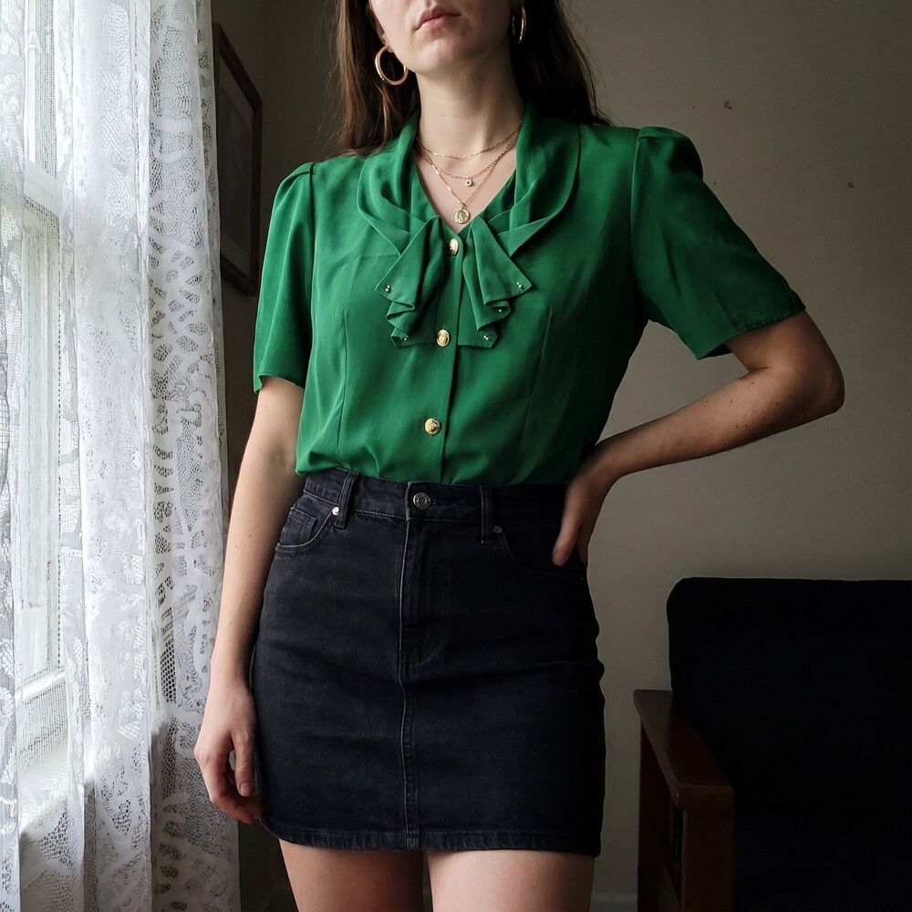 Vintage Kelly Green Pleated Collar Short Sleeve Blouse